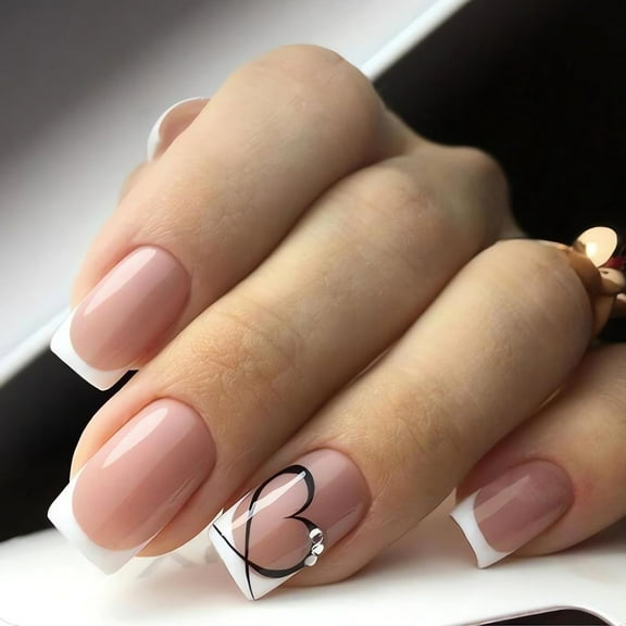 White French Tip Heart Press On Nails - Medium Square Glossy Nude Acrylic False Nails, 24Pcs style5 24 Fl Oz (Pack of 1)