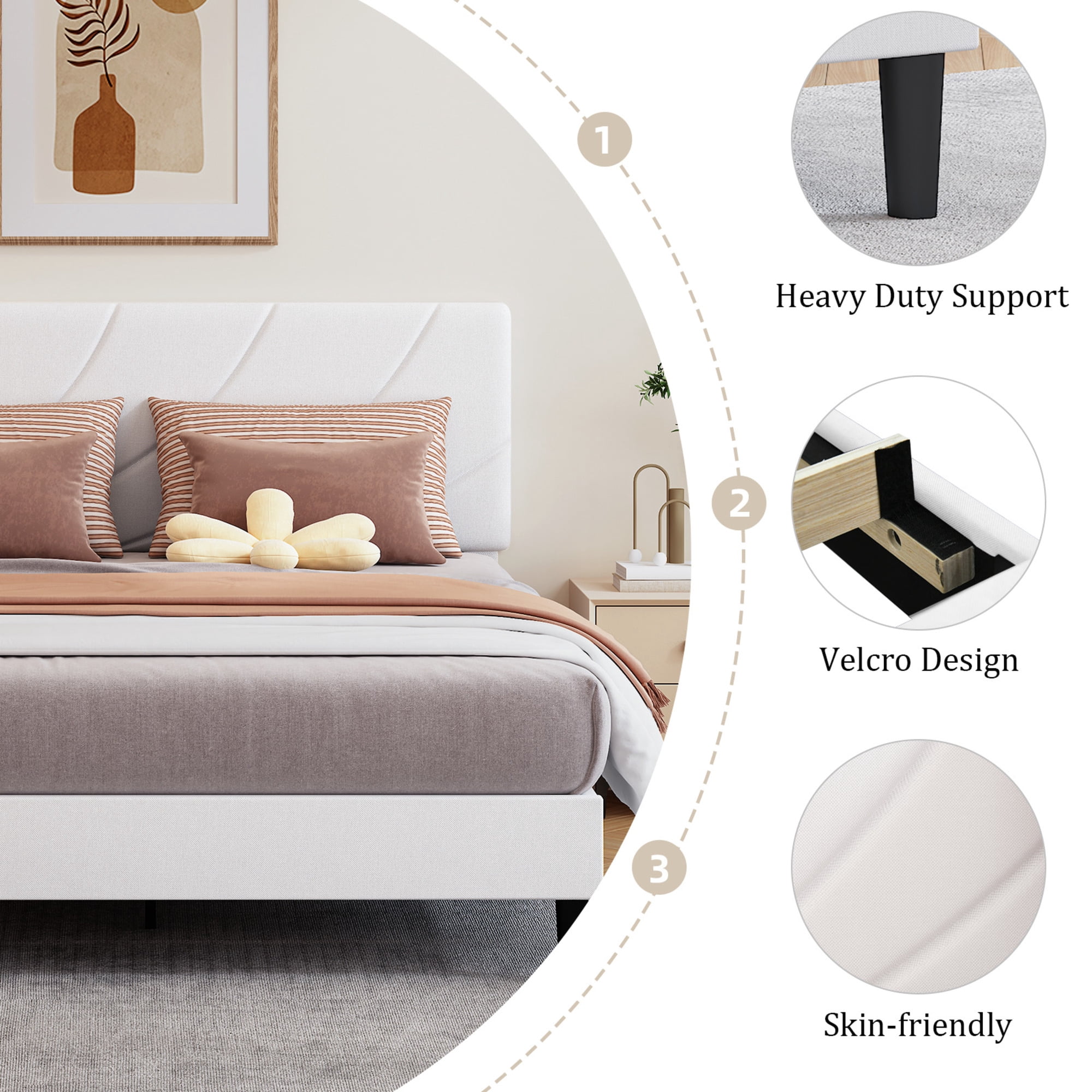 4 EVER WINNER Full Size Bed Frame with Adjustable Headboard, Full Bed Frame with Linen Fabric Upholstered, Strong Wooden Slats, No Box Spring Needed, Noise Free, Easy Assembly, White