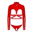 thumbnail image 1 of RUNQHUI Womens Long Sleeve Mock Neck Glossy Pu Bodysuit Hollow Out Design For Date Night Clubbing Red XXL, 1 of 3
