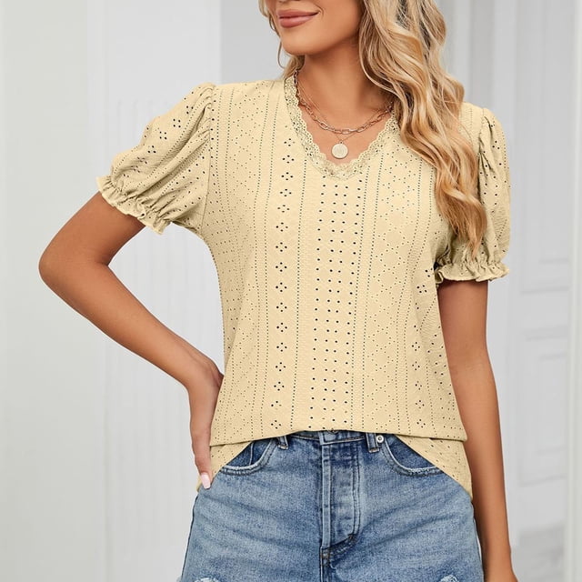 Clearance! Women's V- Neck Solid Color Lace Panel Cut-Out Short Sleeve Short Tops Clearance Items On Sale #71