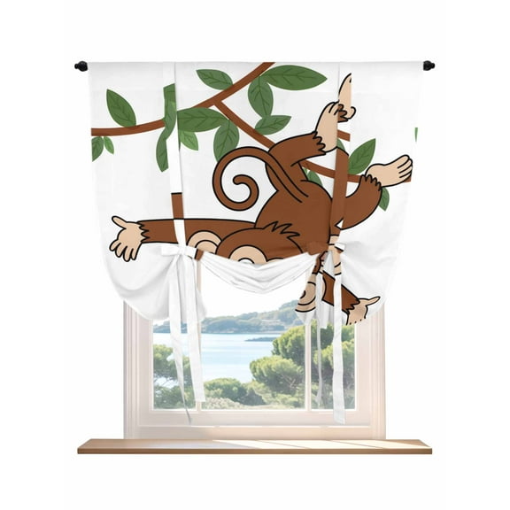 Brown Cute Monkey Tie Up Curtains for Windows 63 Inch Length Balloon Curtains Kitchen Adjustable Balloon Window Shade Green Leaves Vine Branch Animal Tie Up Valance Bathroom Curtain Window 42"x63"