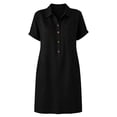 thumbnail image 4 of Ayolanni Women Summer Dresses Fitted Waist Solid Short Sleeve V-Neck Midi Shirt Dress Cotton Linen Flowy Button Up Casual Work Sundress with Pockets Black XL, 4 of 6