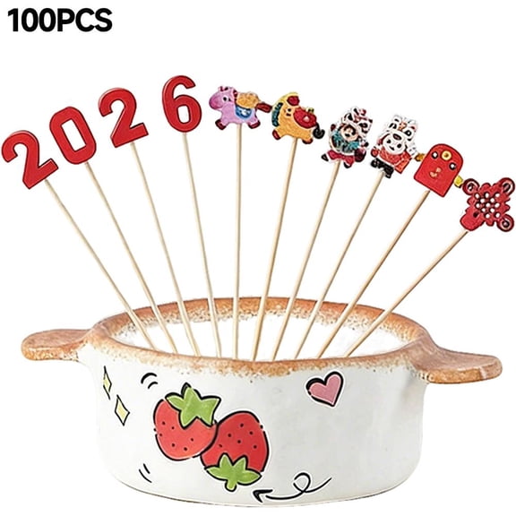 100 Pcs Year of The Horse Fruit Picks, 12 cm Bamboo Cocktail Sticks with Decorative Red Toppers, Themed Food Skewers for Chinese New Year 2026 Party, Holiday Appetizers & Desserts