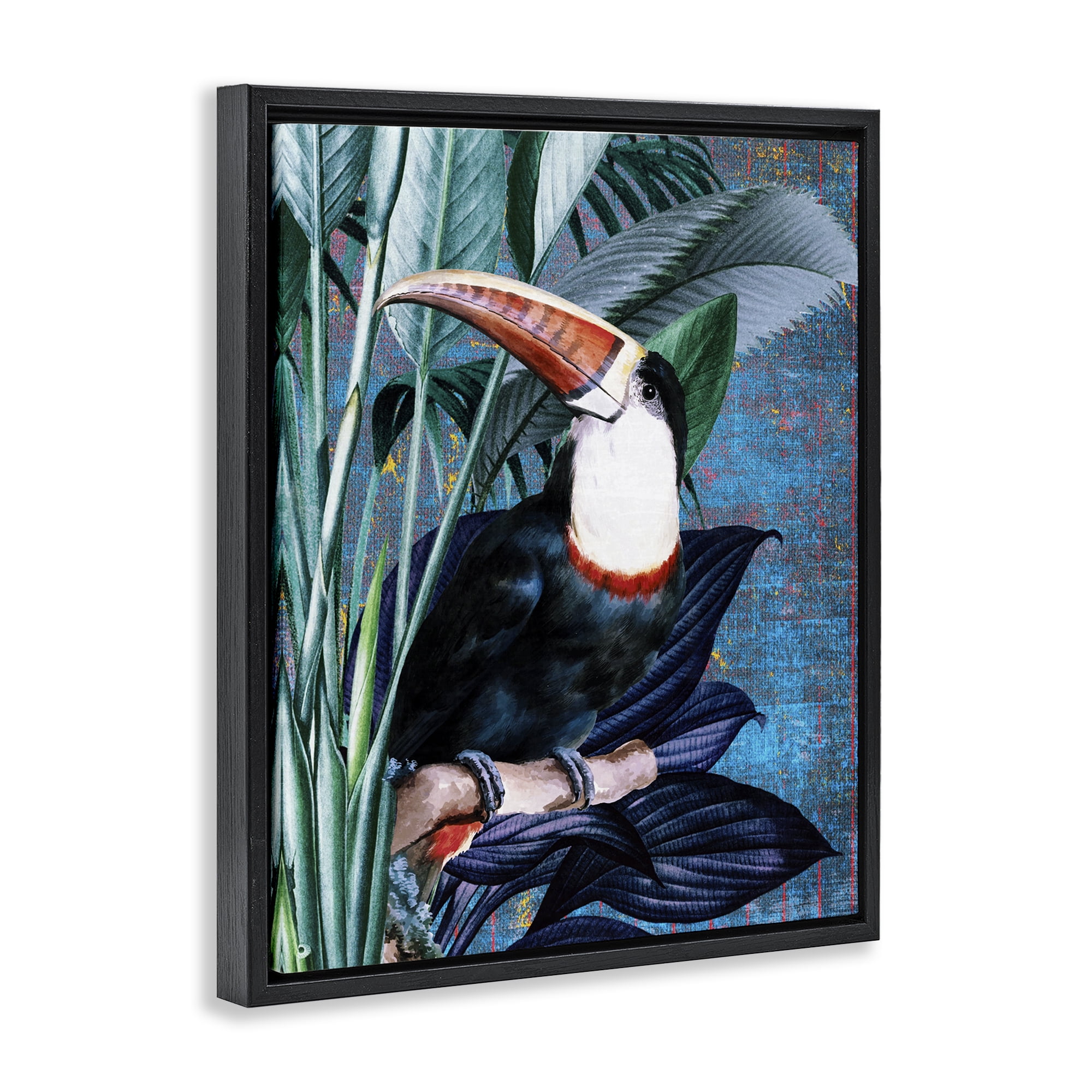 Stupell Industries Smiling Toucan on Branch Animals Painting Black Floater Framed Canvas Art Print Wall Art, 17 x 21