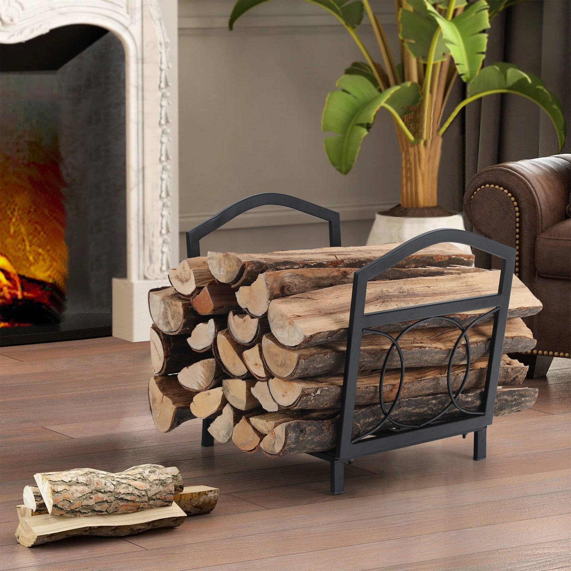 PHI VILLA 17 Inch Small Firewood Log Rack Decorative Indoor/Outdoor Steel  Wood Storage Log Rack Wood Holder Circle Design, Black - Walmart.com