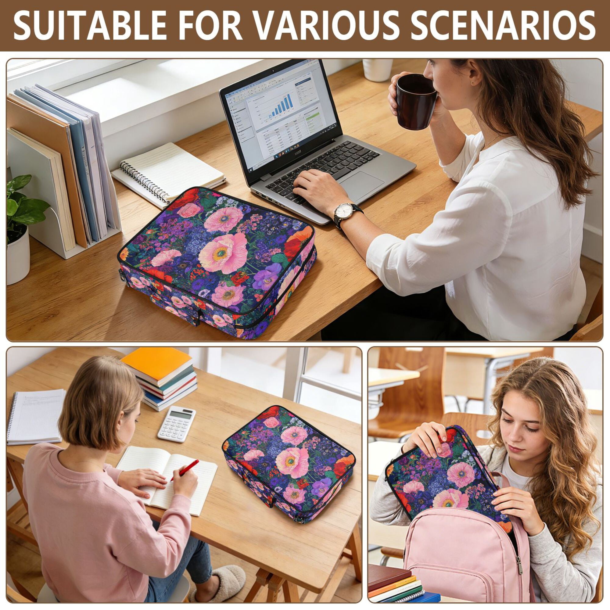 FORMRS Accordion File Folder A4 Size 7-Pocket Expanding Document Organizer Bag with 3 Ring Binder, Beautiful Floral Pattern