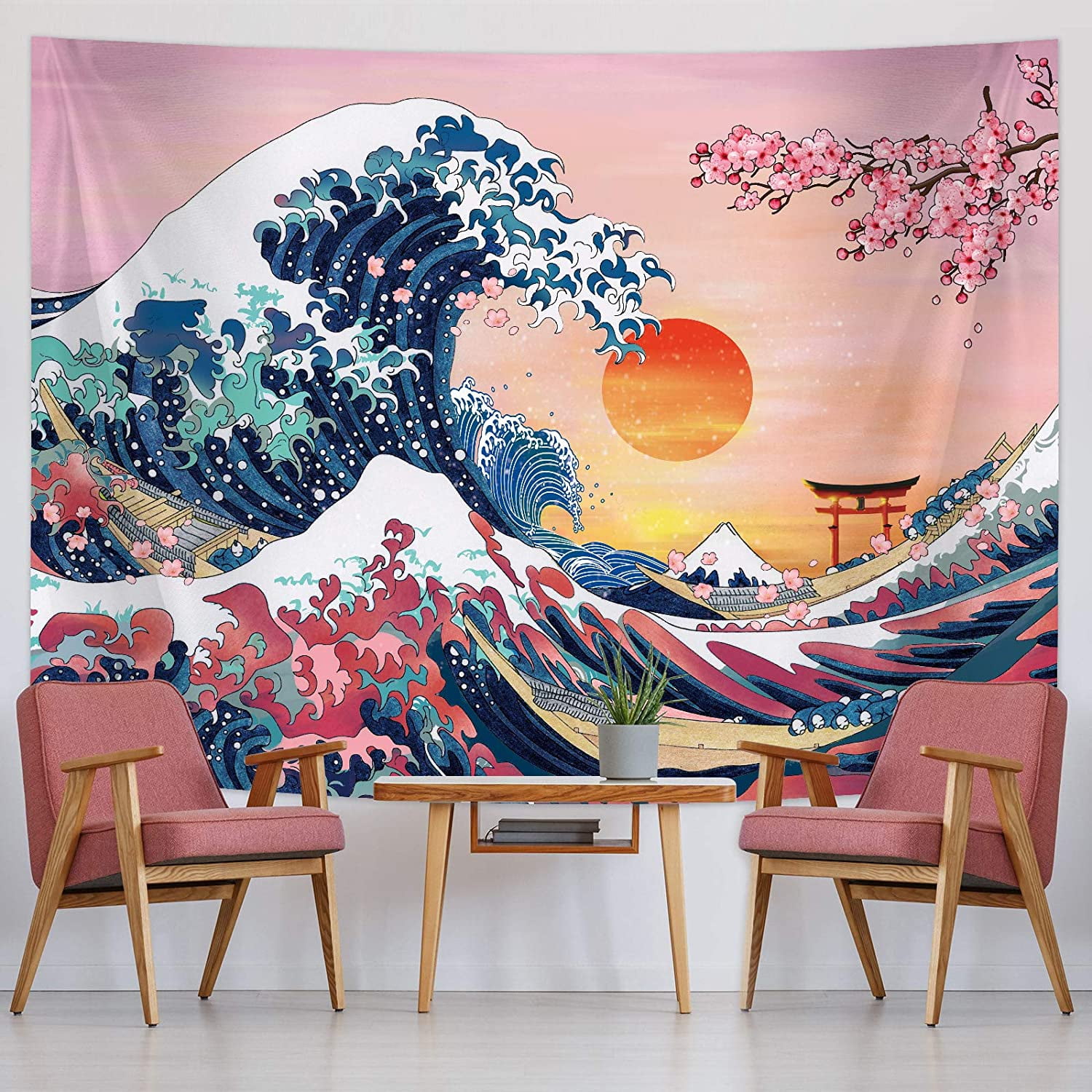 Ocean Wave Tapestry Sunset Wall Mount Kanagawa Tapestry Giant Waves Cherry Blossom Natural Background Wall Home Decoration 59 x 78.7 inches Walmart