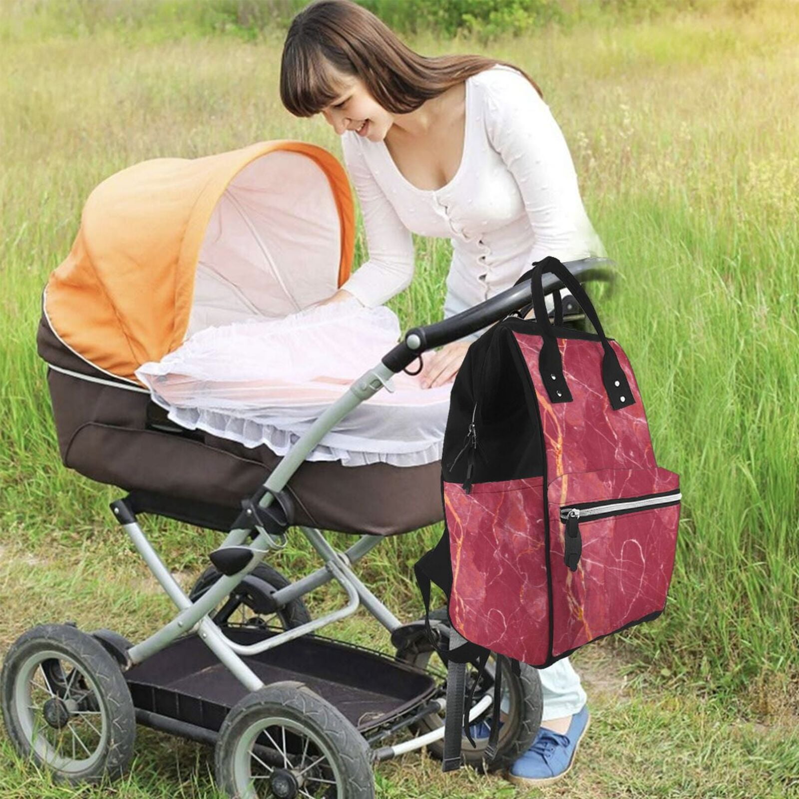 Ratiio Abstract Red Marble Mummy Backpack - Waterproof Twill Canvas, Large Capacity Diaper Bag with Multiple Pockets and Adjustable Straps