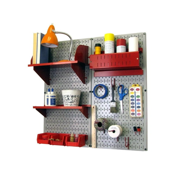 Wall Control Pegboard Hobby Craft Pegboard Organizer Storage Kit with Gray Pegboard and Red Accessories
