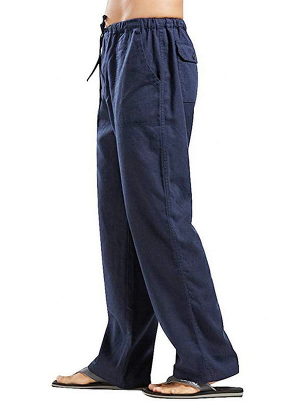 DYMADE Men's Casual Elastic Waist Pockets Drawstring Linen Pants ...