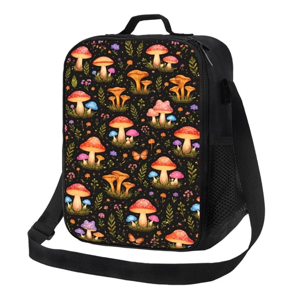 Whimsical Mushroom Pattern Lunch Bag Insulated Thermal Box with Shoulder Strap & Handle for Work and Picnic