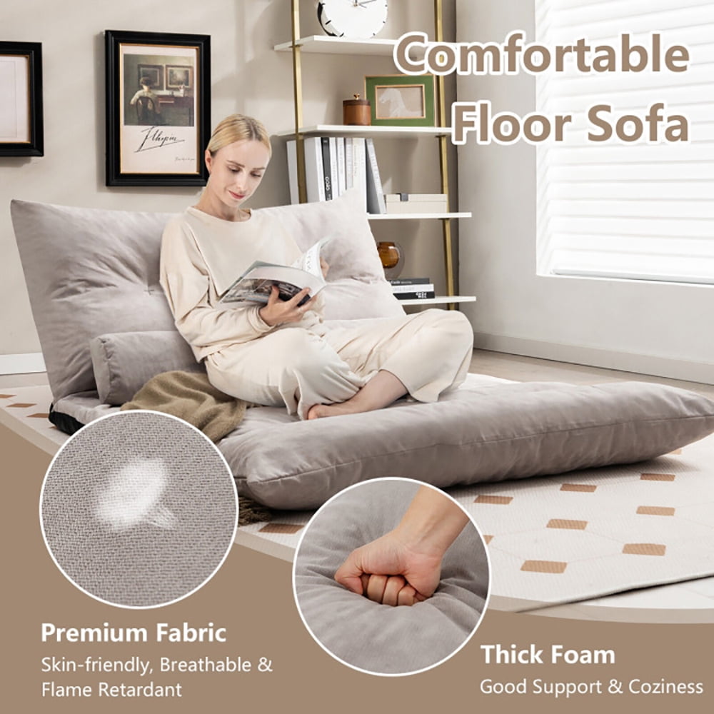 Finihen Sofa Bed, Floor Sofa Bed, Adjustable Floor Sofa Bed with 2 Lumbar Pillows, for Living Room, Bedroom, Gray