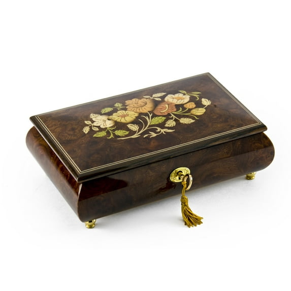 Gorgeous 18 Note Dark Natural Wood Tone Floral Inlay Musical Jewelry Box with Lock and Key - Beautiful Dreamer