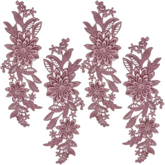 2 Pairs 4Pcs Dark Pink 3D Flower Lace Applique Vintage Embroidery Appliques Sew On Floral Embroidered Polyester Soild Patches for Sewing Making Dresses Clothes Wedding Decor Bags Crafts