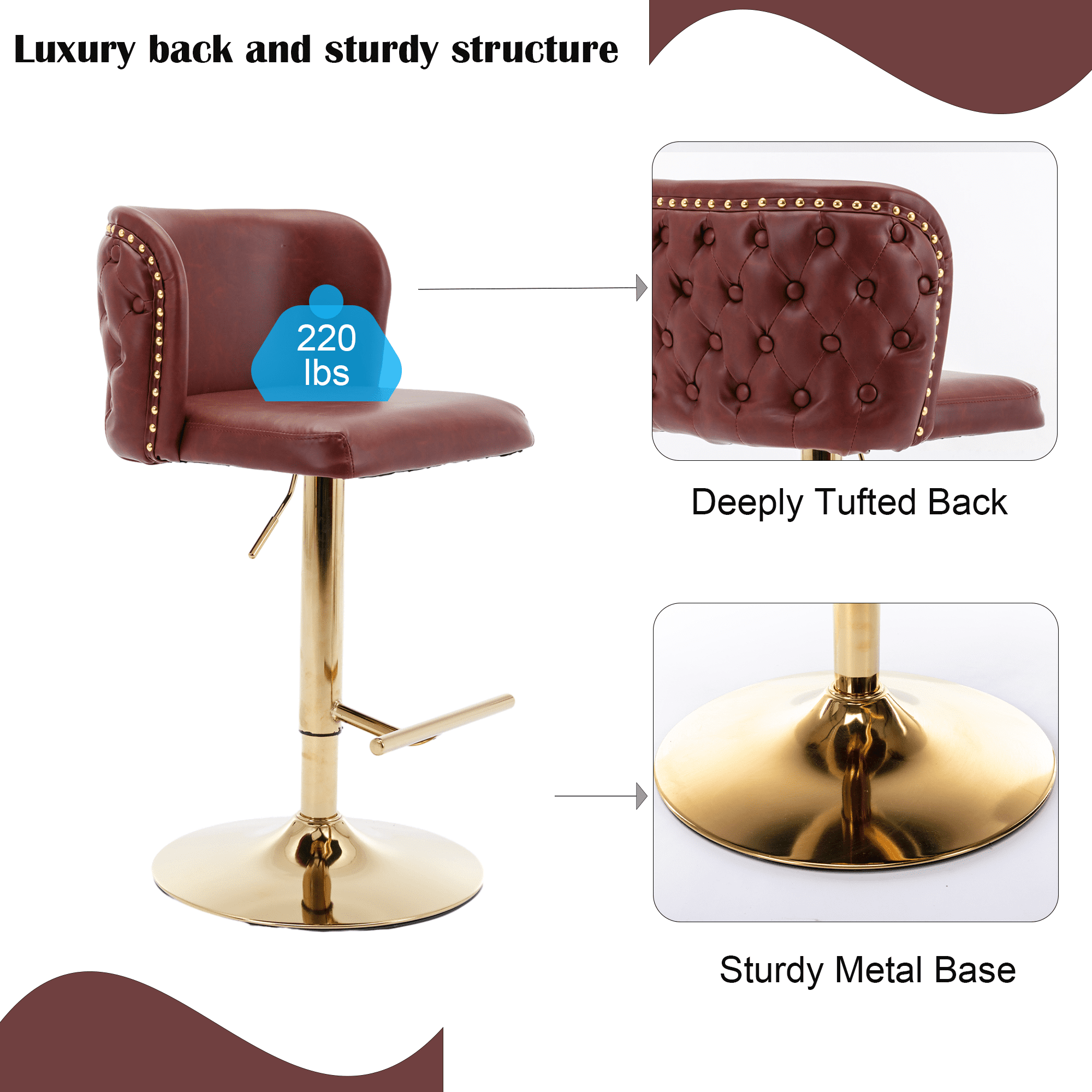 Round Kitchen High Bar Chairs with Golden Base PU Upholstered Bar Stool Chair Height Adjustable from 25-33 Inch Counter Chair with Back Swivel Barstool with Footrest for Kitchen (Set of 8)