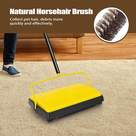 Yellow Manual Push Carpet Sweeper with Horsehair Brush Electrostatic Roller Non-Electric for Pet Hair Rugs