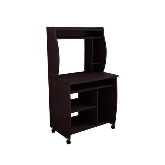 Benjara Niro Utility Desk Cart with Hutch- 7 Shelves- 53" Red Cocoa Brown
