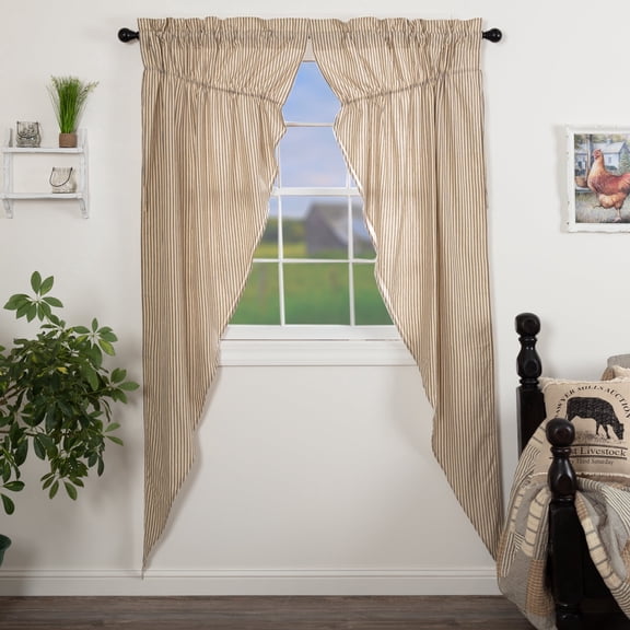 VHC Brands Sawyer Mill Ticking Striped Cotton Farmhouse Curtains Rod Pocket Drawstring Ties Prairie Panel Pair, Charcoal