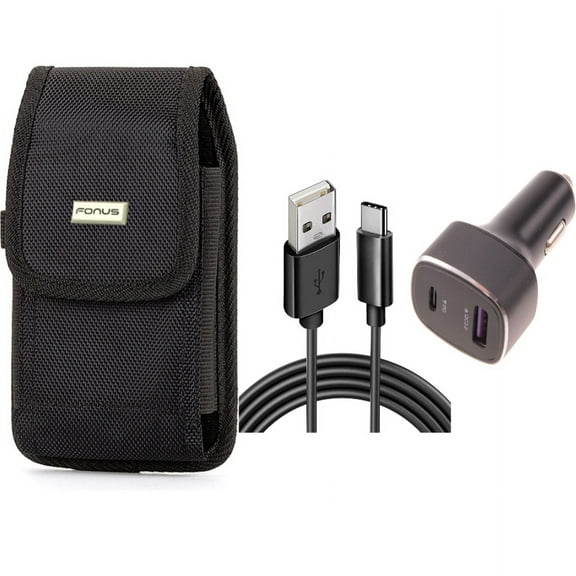 36W PD Fast Car Charger & Case Belt Clip for iPhone 15 Pro - 6ft USB-C Cable 2-Port Long Cord Power Adapter and Rugged Holster Canvas Cover G8B for iPhone 15 Pro (6.1")