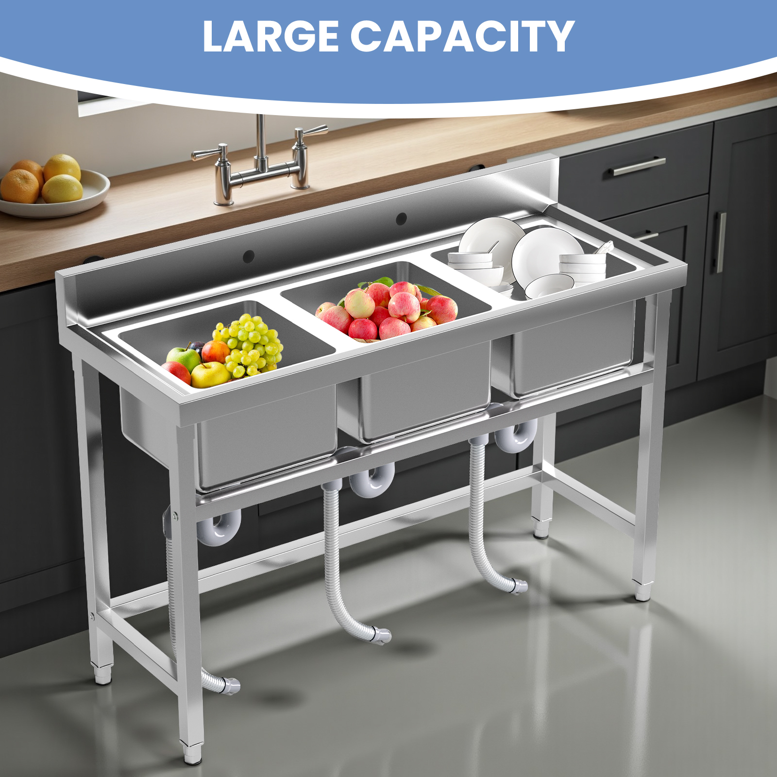 3 Compartment Commercial Utility Sink, Outdoor Freestanding Kitchen Sink with Adjustable Legs, Utility Sink, Freestanding Utility Sink for Laundry, Farmhouse Use