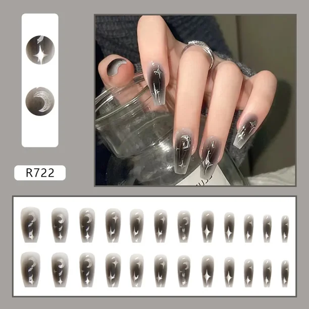 Heallor-Juego de uñas postizas acrílicas reutilizables, 24 piezas, esmalte de uñas oscuro, puntas artísticas artificiales