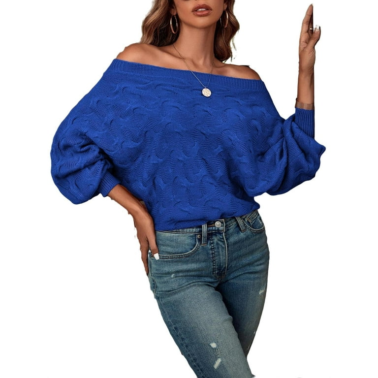 Casual Plain Off the Shoulder Pullovers Long Sleeve Royal Blue Women Sweaters Women s