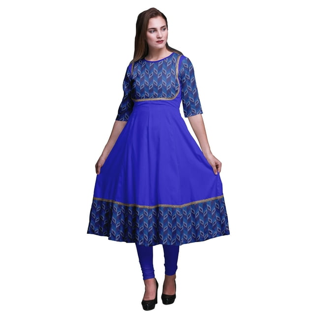 Bimba Robe Anarkali Bleu4 à Motif Géométrique Chevron Imprimé Longue Robe Maxi Kurtis Indiens pour Femmes Kurti Ethnique Moyen
