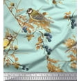 thumbnail image 2 of Soimoi Green Georgette Viscose Fabric Black Berry & Yellow Sparrow Bird Print Sewing Fabric Yard 44 Inch Wide, 2 of 3