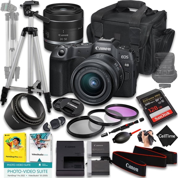 Canon EOS R8 Mirrorless Camera with RF 24-50mm f/4.5-6.3 IS STM Lens   128GB Memory   Extra Battery   Camera Case   Tripod   More (20pc Bundle) (International Version)