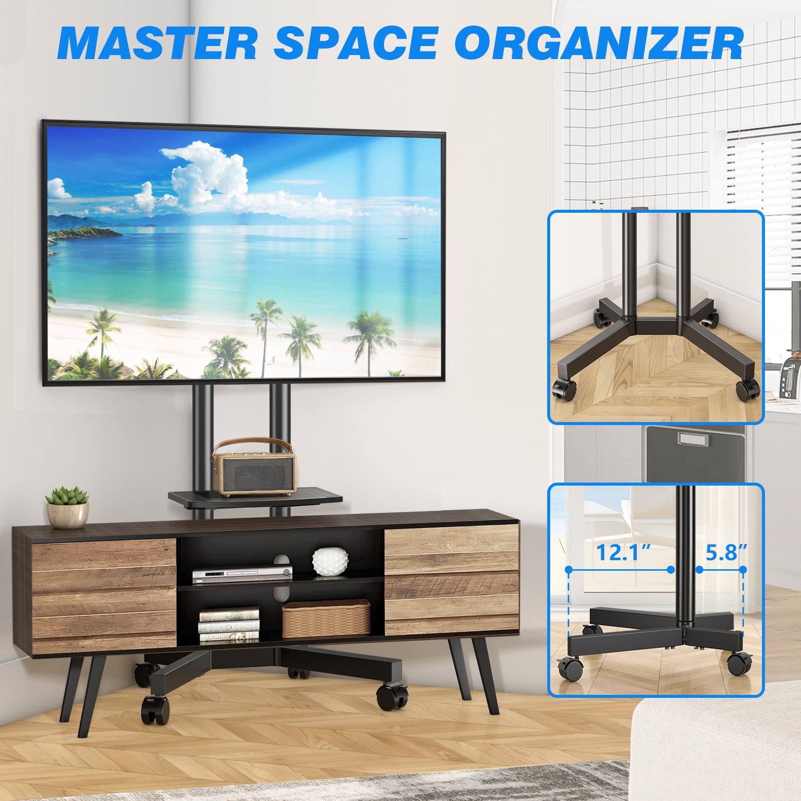 RTVR Rolling Mobile TV Cart Stand on Wheels for 32 to 75 inch Flat Curved Screens, Portable Movable TV Stand with Shelf, Modern Black