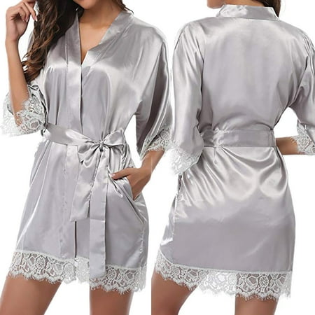 GZWYHT Silk Pajamas Clearance Plus Size Pajamas Women s Lady Sexy Lace Sleepwear Satin Nightwear Lingerie Pajamas Suit Robes for Women Silk Robes  Grey L