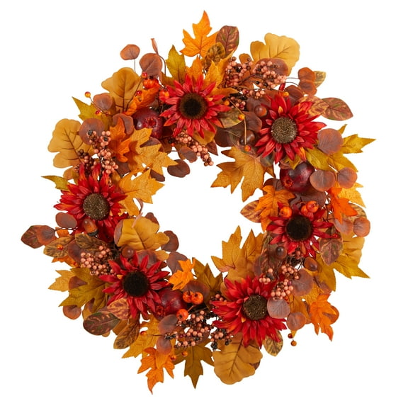 Nearly Natural Fall Acorn Plastic Thanksgiving Autumn Foliage Artificial Wreath, with Sunflower Berries 30" (Orange)