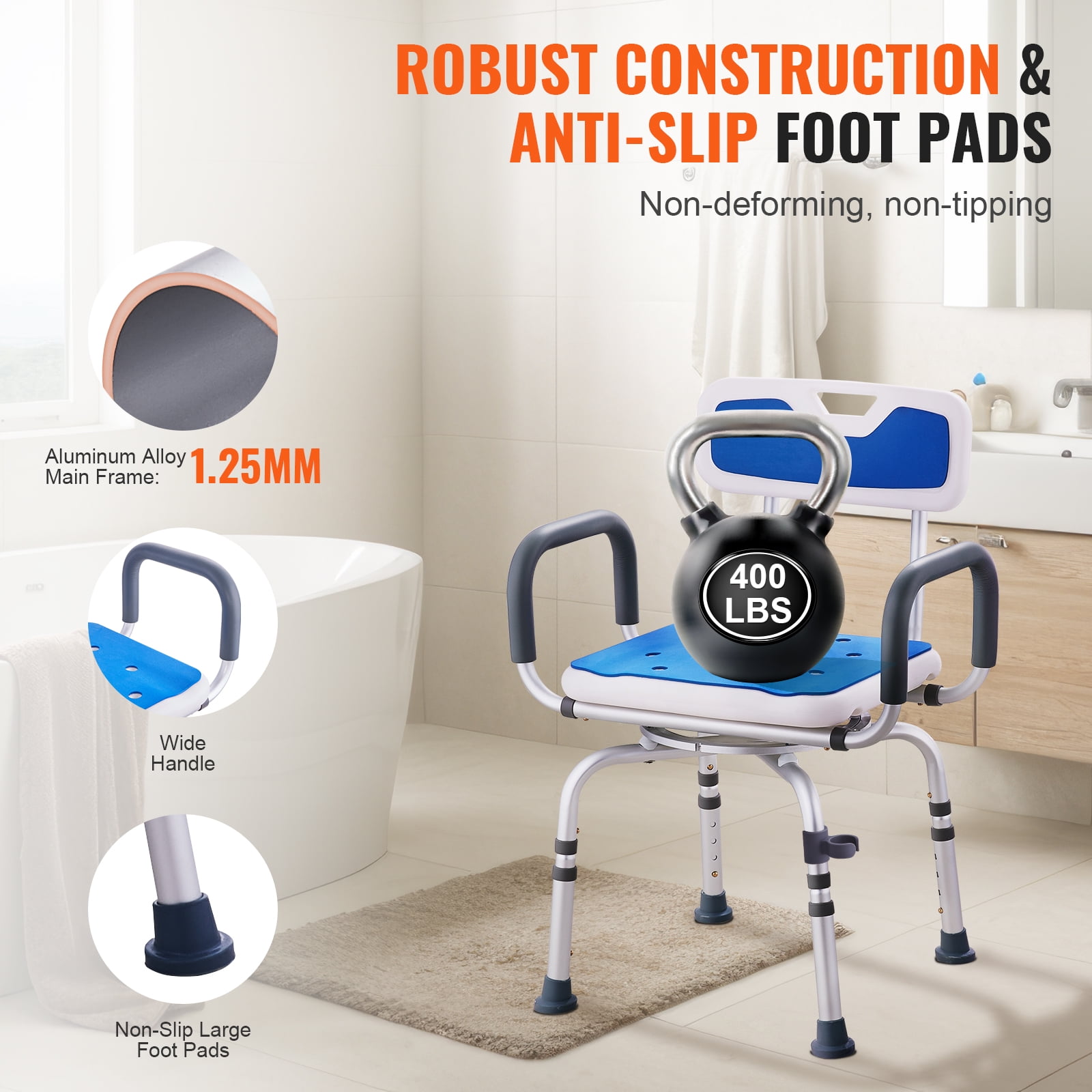 KFFKFF Rotating Bath Chair, 360° Swivel, with Supportive Armrests & Back, Secure & Stable for Shower/Bathtub Use, Ideal for Seniors & Mobility Impaired, Supports up to 400lbs
