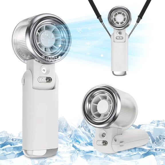 Portable Handheld Fan with Ice Cooling, 3600mAh Rechargeable, 5 Speeds 100-Level Turbo, Portable Neck/Desk Fan for Travel/Outdoor/Office