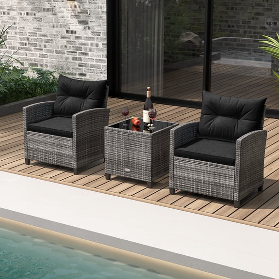 Gymax 3 PCS Patio Furniture Set Outdoor PE Rattan Chair & Table Set w/ Tempered Glass Black