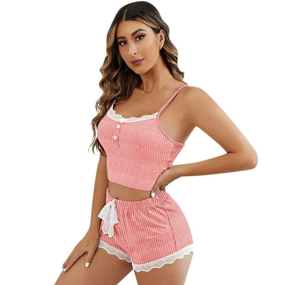 PMVFHDE Women's Lace Camisole & Shorts Sleepwear Set, Summer Nightwear, Outfit Ready Pajamas, Elegant Loungewear Two Piece Set Pink,S