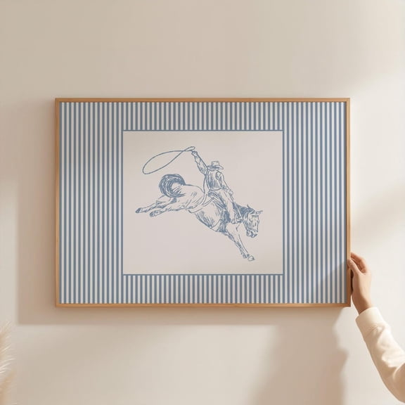 Cowboy Sketch Wall Art, Horizontal Striped Poster, Vintage Horse Art, Blue Nursery Wall Art, Preppy Western Poster, Grandmillennial Wall Art, Unframed Poster Size 8x12 F03.1.14l1825