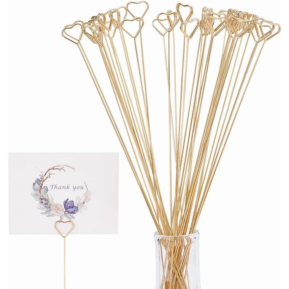 60 Pcs Floral Place Card Holder Golden Heart Shaped Metal Wire Flower Picks Table Number Holder Clips Card Holder for Floral Arrangement Bouquet Wedding Decoration for DIY