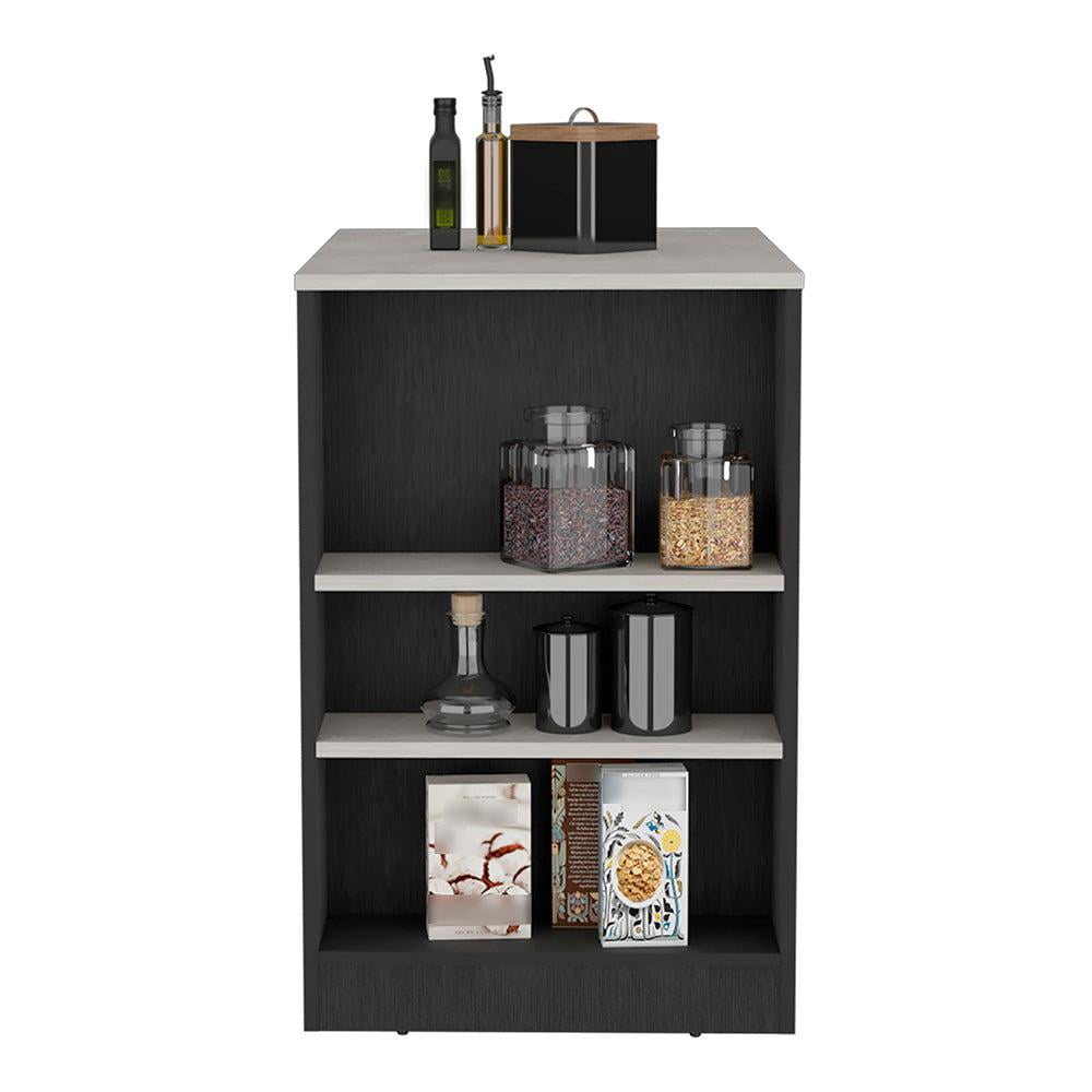 Depot E-Shop Kitchen Island, Kitchen Bar Table with 3-Side Shelves, Black / Ibiza Marble