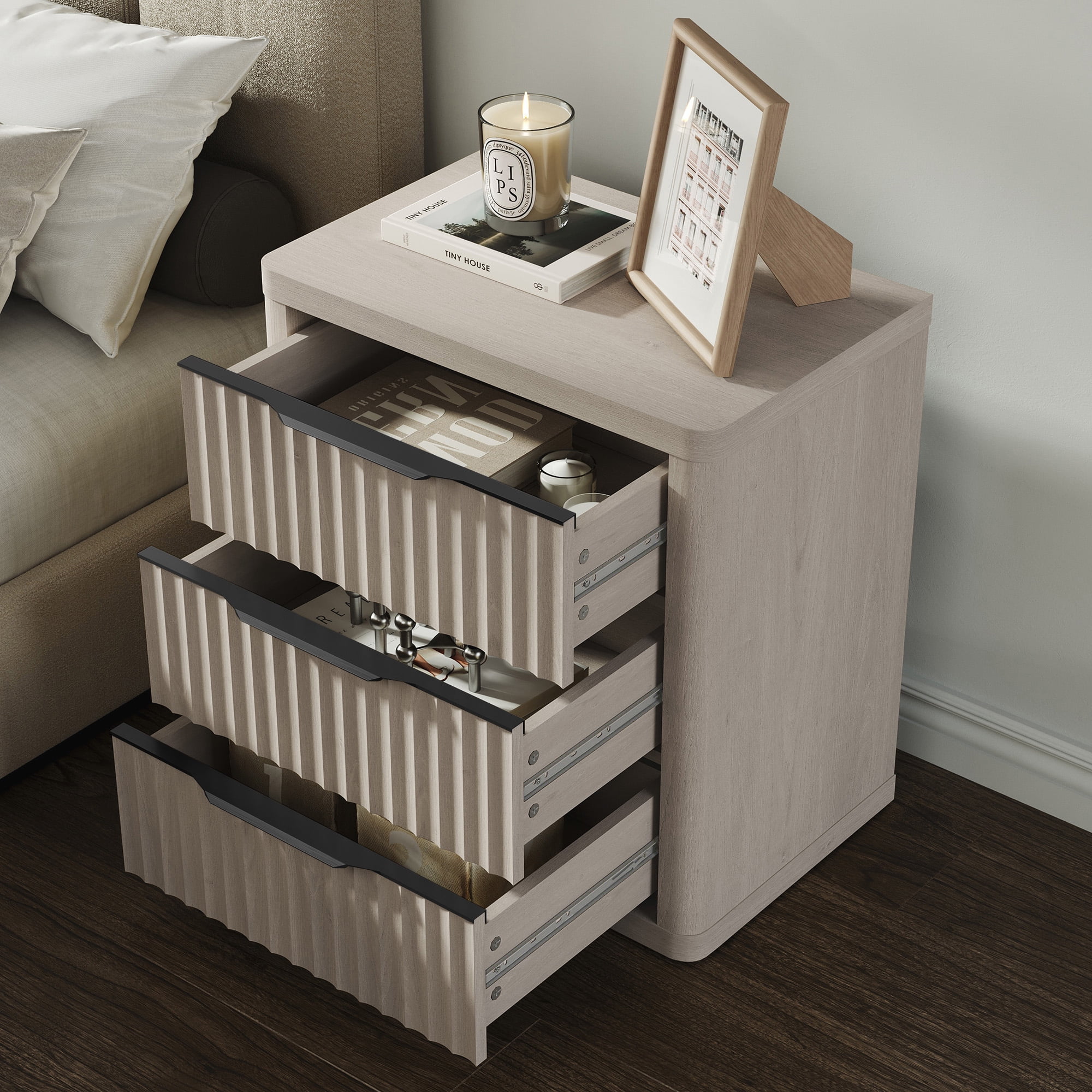 SICOTAS 23”W Farmhouse Nightstands with 3 Fluted Drawers & Black Handles, Wood Bedside Table for Bedroom, End Table for Living Room in Light Grey Alder