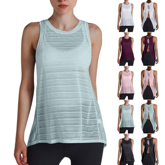 pstuiky Women Tank Tops, Women Round Neck Sports Mesh Lace Back Yoga Tank Top Breathable Quick Dry Workout Shirt for Women Comfortable Fitness Activewear Womens Clothing Trendy Black L