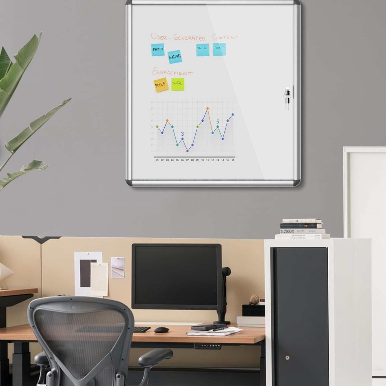 28"x26" Enclosed Bulletin Board, Lockable Weather-Resistant Aluminum Noticeboard for School & Office, Silver Frame w/Magentic Whiteboard