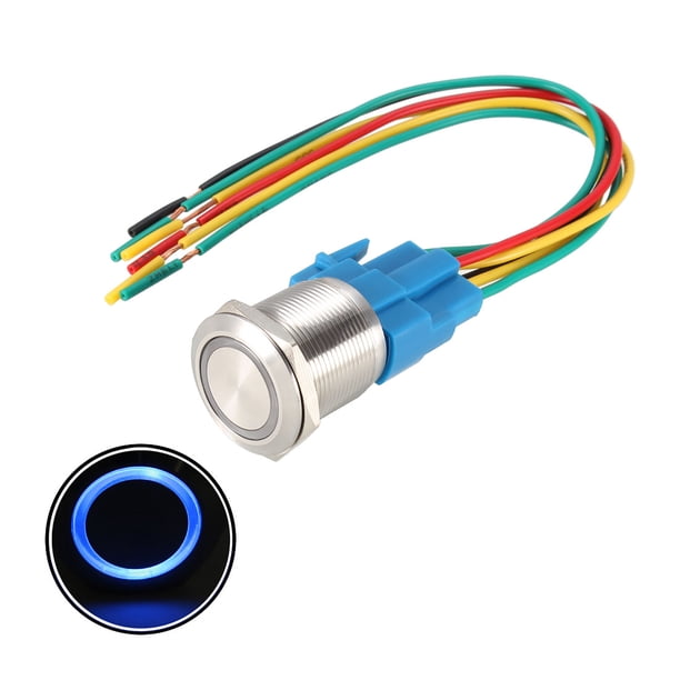 Interruptor de botón metálico de enganche de 22 mm de diámetro de montaje 1NO 1NC 12V Luz LED azul con cables de enchufe de socket 1 pieza