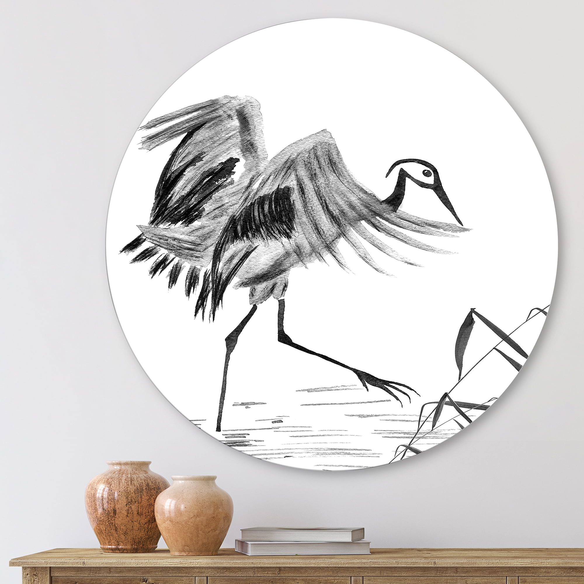 Designart 'Monochrome Japanese Oriental Crane Bird' Traditional Circle Metal Wall Art 23x23 - Disc of 23