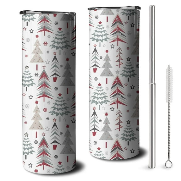 20oz White Christmas Tree Pattern Skinny Tumblers Stainless Steel Tumbler with Lid and Straw,Vacuum Insulated Double Wall Travel Tumbler Cups with Cleaning Brush for Coffee,Tea