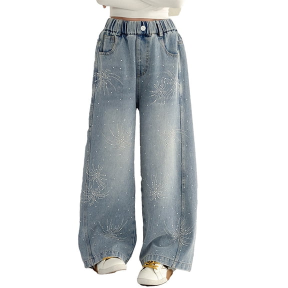 XEGLSBU Jeans for Girls Wide Leg Girls Denim Wide Leg Pants Flared with Rhinestone Comfort Straight Leg Casual Bottoms Light Blue Size 15-16 Years