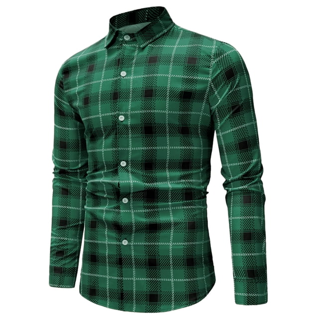 Camisas casuales de manga larga para hombre, de ajuste regular, con botones, a cuadros, a cuadros. Verde L Unique Bargains Camisa
