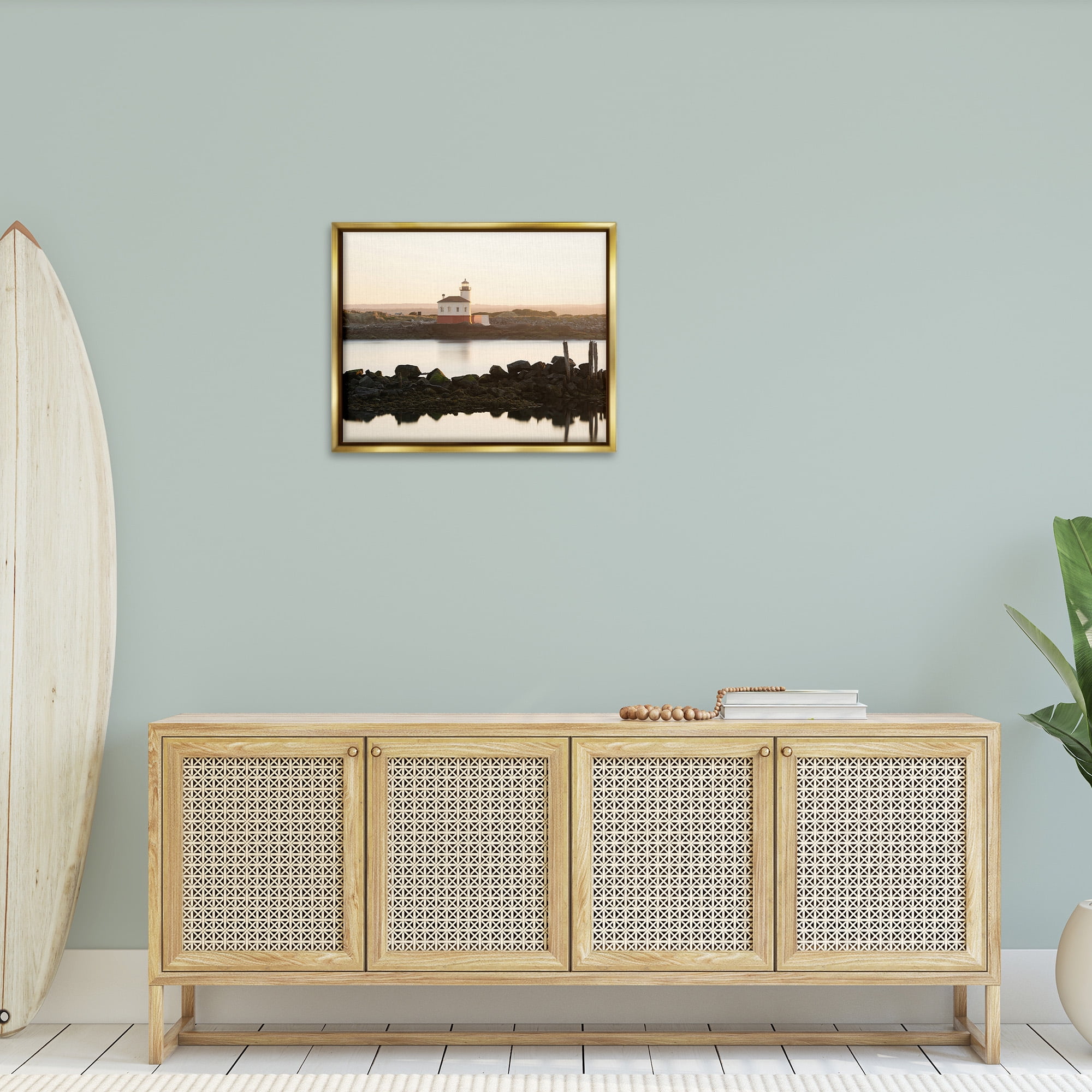 Stupell Industries Lighthouse with Soft Sunlight Landscape Photography Gold Floater Framed Canvas Art Print Wall Art, 31 x 25
