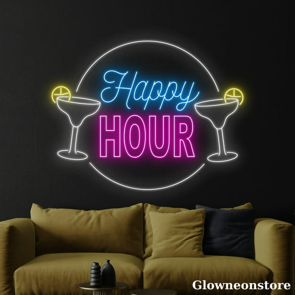Glowneon Happy Hour Neon Sign, Open Welcome Sign, Bar Pub Cocktail Restaurant Beer Club Decor
