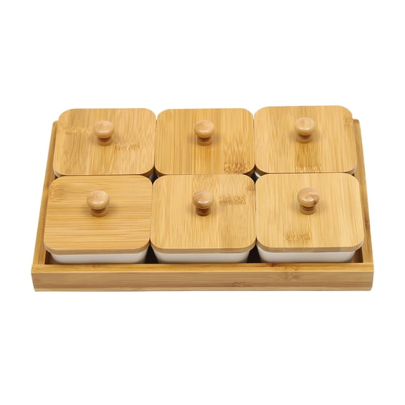6 Pcs Ceramic Snack Serving Tray Square Condiment Dish Rack Organizer Set with Bamboo Lids Removable Snack Bowls Serving Platter for Home Kitchen Snacks Condiments Food Candy Organization